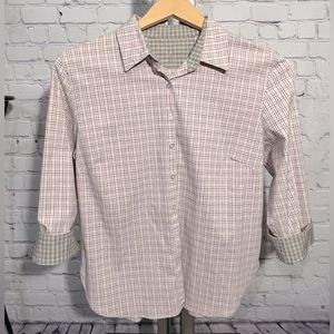 WOMYN Combo Blouse. Pink w/Beige Cuffs. Size 3(Lg) Perfect Condition. Stretch.